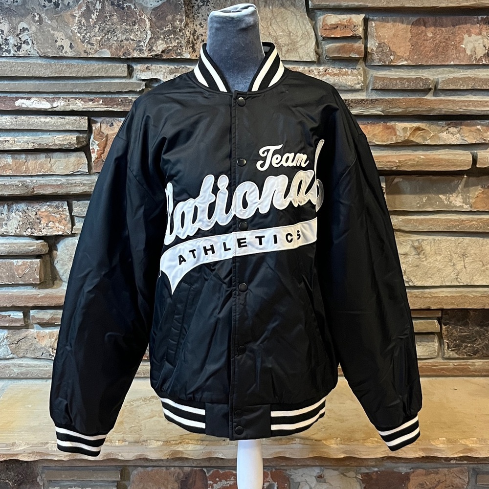 TNA Aritzia Team National Athletics Black and White Varsity Satin Stadium Jacket